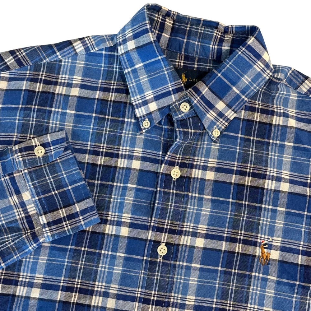 Ralph Lauren Mens Size‎ Medium Blue Plaid Cotton Button Down Shirt Long Sleeve